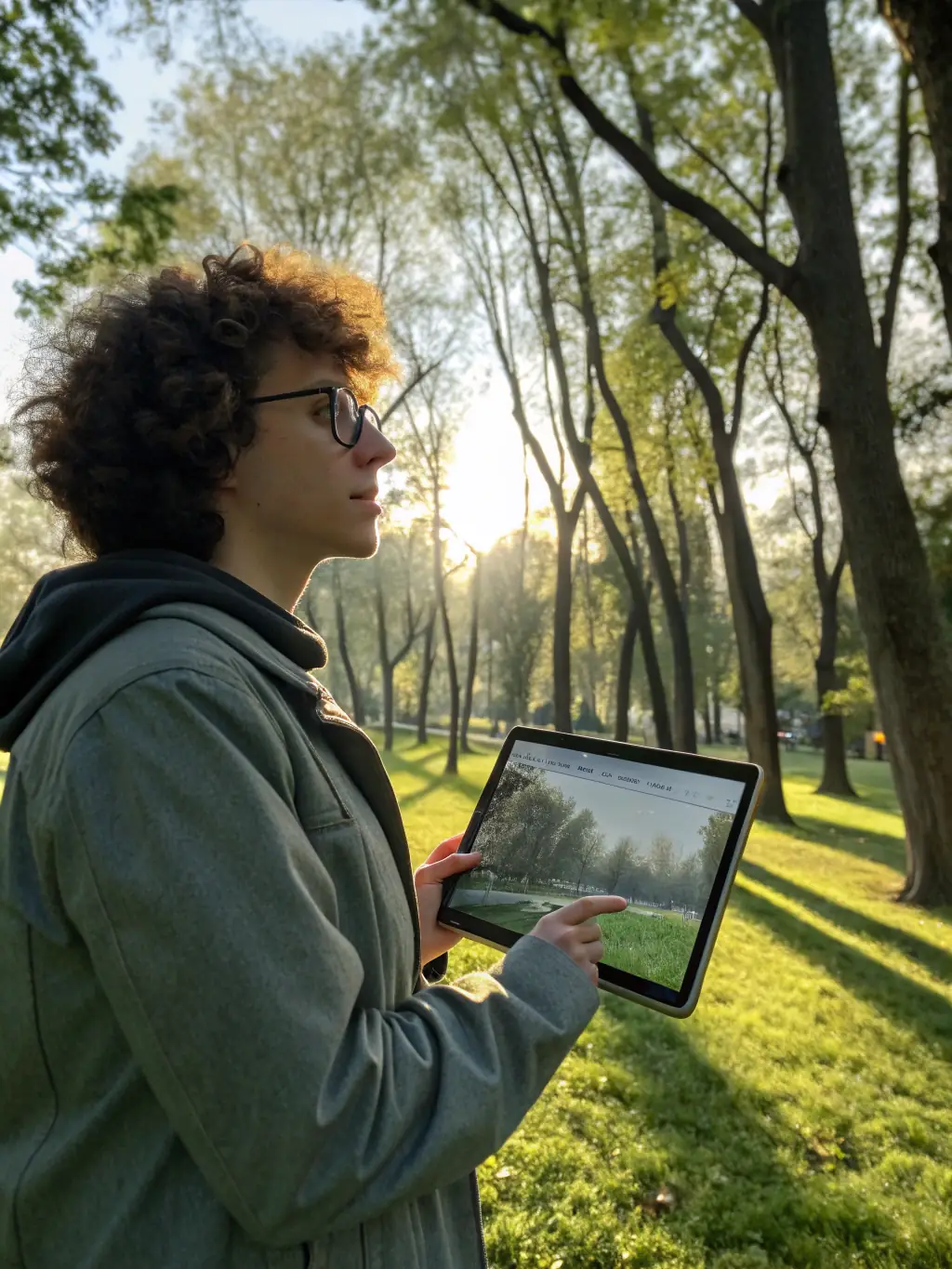 A creative person experimenting with AI image generation tools on a tablet, showcasing the artistic possibilities explored in the AI Class course.