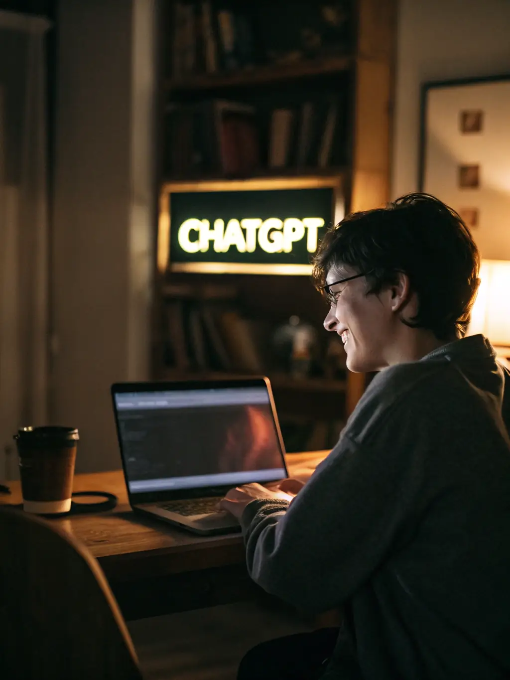 A person using ChatGPT on a laptop, with the ChatGPT logo subtly visible in the background, emphasizing the practical application of the tool in the AI Class course.