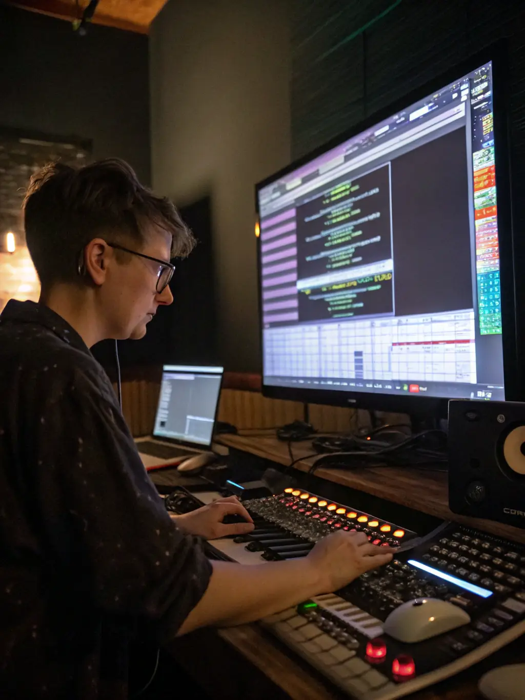 A musician composing a song using AI music generation software on a desktop computer, highlighting the innovative music creation techniques taught in the AI Class course.