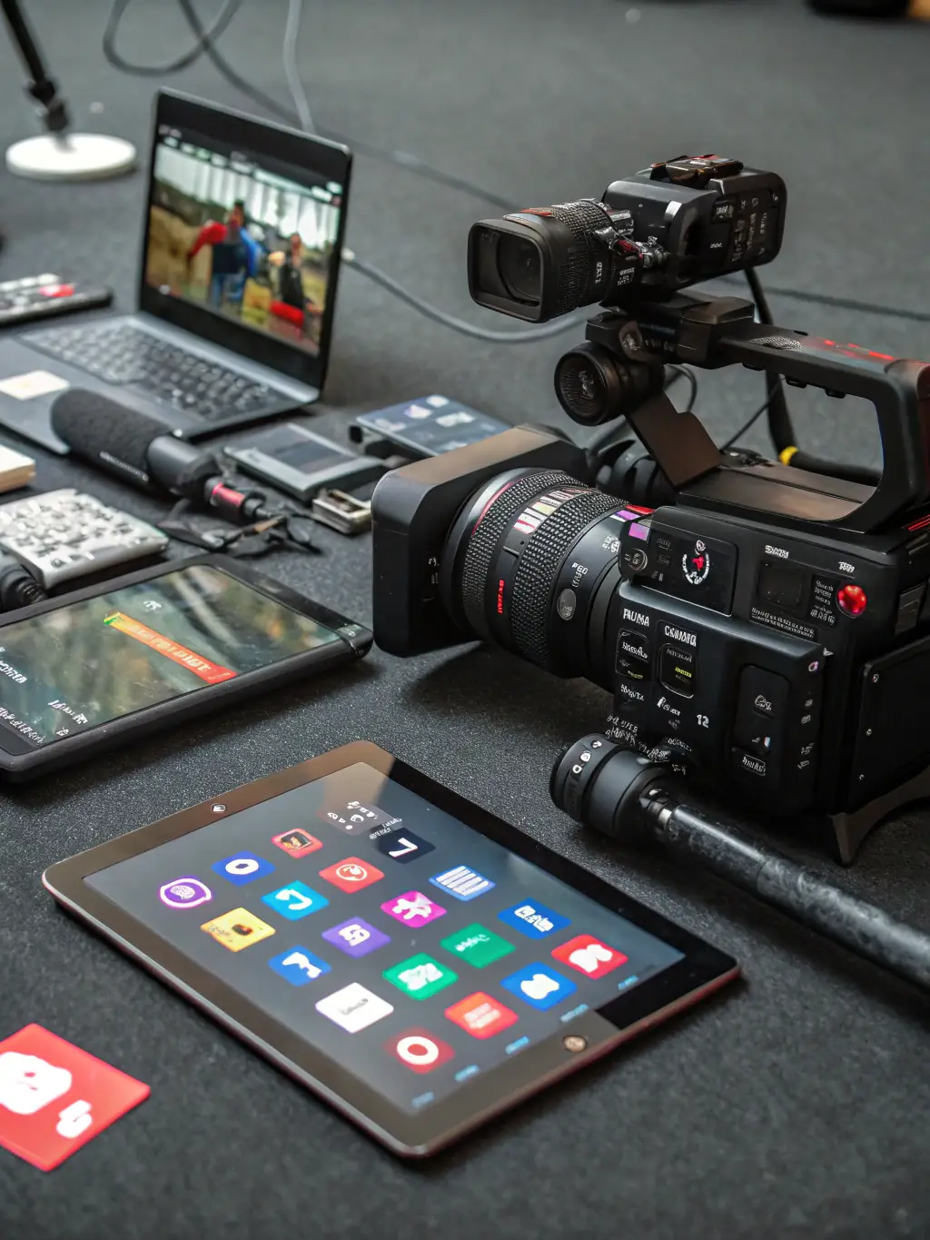 A dynamic visual representing AI tools generating video content, with icons of cameras, editing software, and animated graphics.