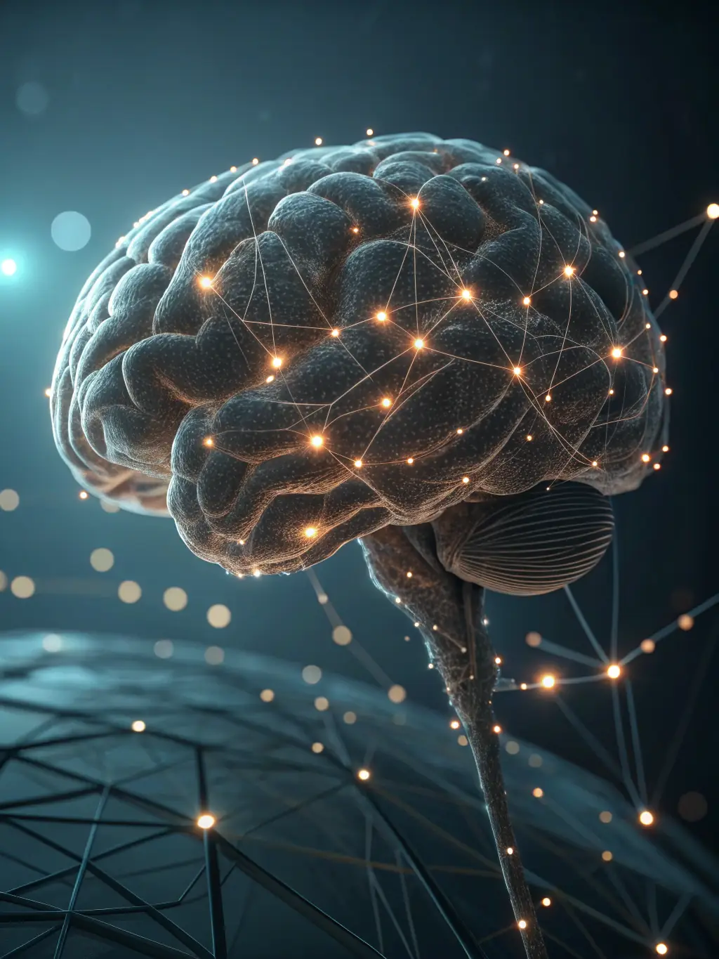 A digital illustration depicting a stylized brain with interconnected nodes, representing the fundamentals of AI and machine learning.