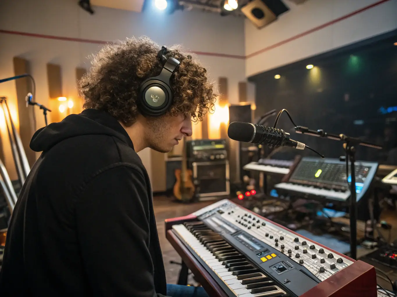 A musician is using AI software to compose a musical piece, experimenting with different melodies and harmonies, with a focus on innovative sound design.